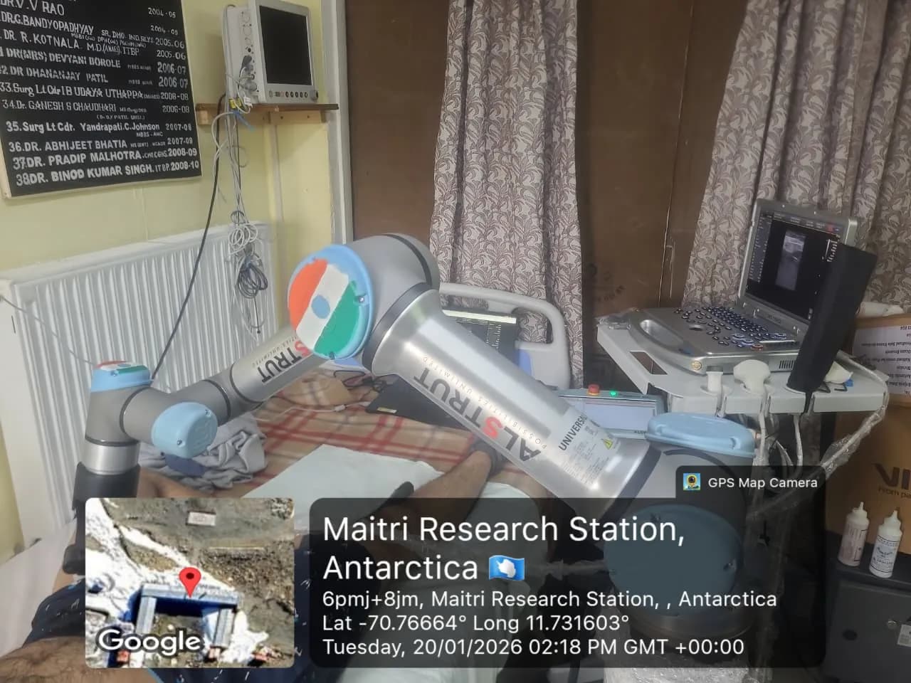 The robotic arm scanning a patient at Maitri research station in Antarctica